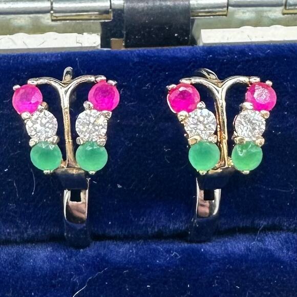 Vintage solid 9kt gold red lab ruby clear green cubic zirconia hoop earrings - Picture 1 of 10